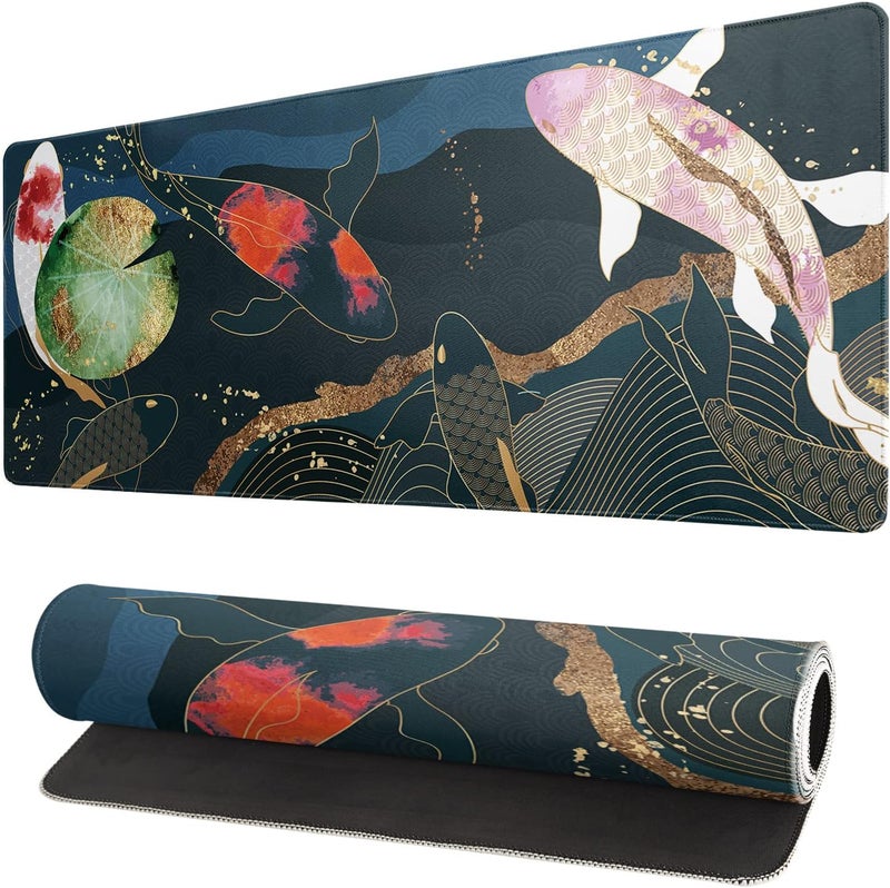 Brecoy Japanese Gaming Mouse Pad XL - Extended Large Mouse Mat Desk Pad, Stitched Edges Mousepad, 3mm Thick Long Non-Slip Rubber Base Mice Pad, 31.5 X 11.8 Inch - Koi Fish Art - Image 1